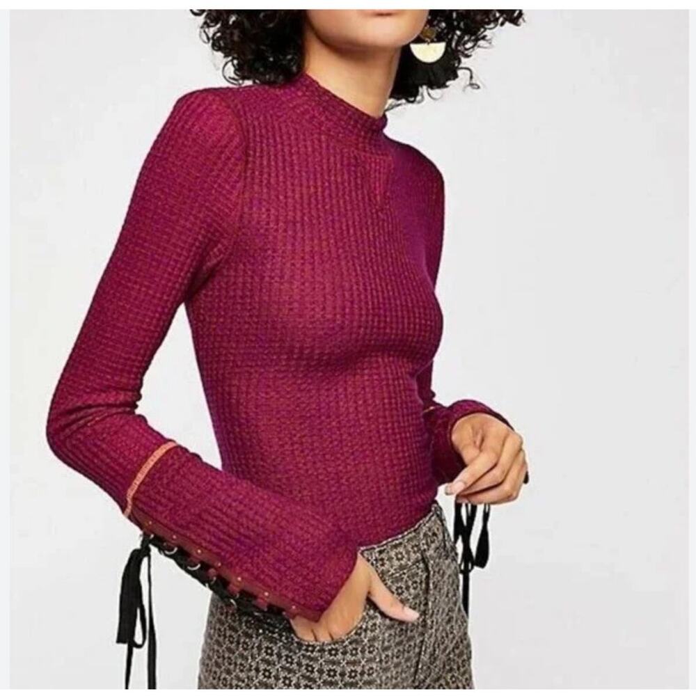 Free People Mountaineer Cuff Thermal Waffle Knit Top S Western Festival‎ Pirate